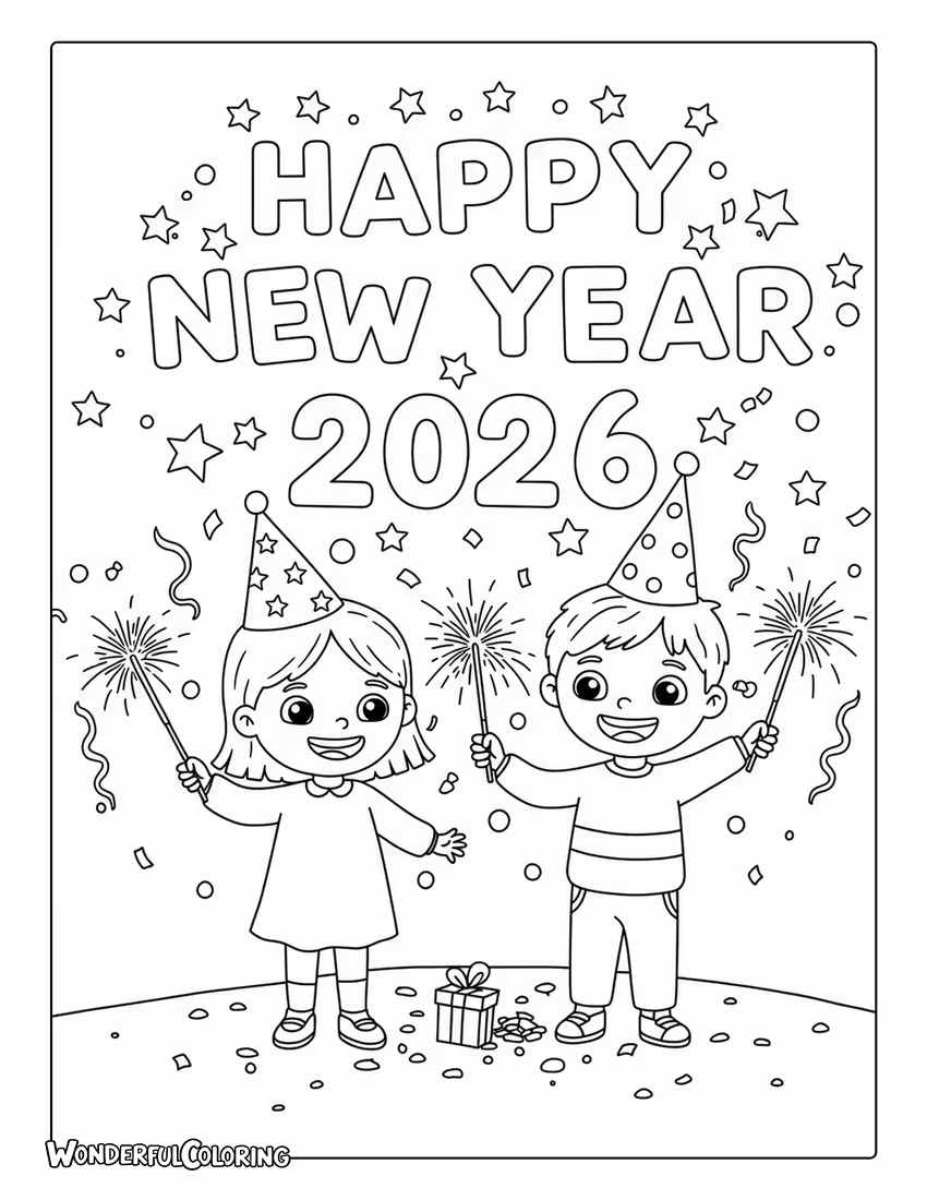 2026 Children Celebration Coloring Page with sparklers.