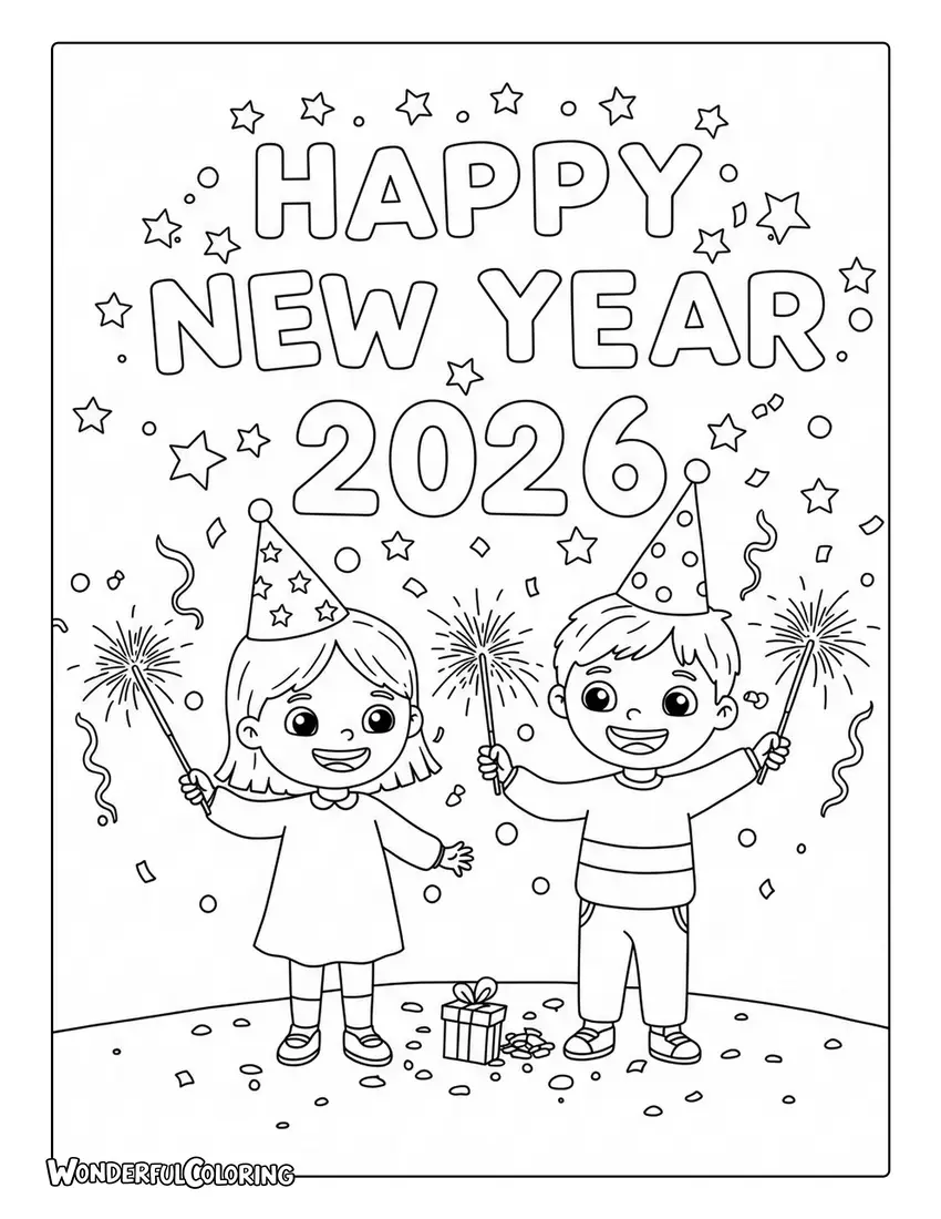 2026 Children Celebration Coloring Page with sparklers.