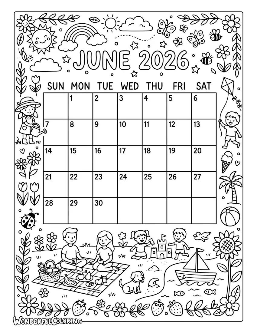 June 2026 calendar coloring page with picnic scene, beach, sailboat, flowers, butterflies, rainbow, and summer kids activities