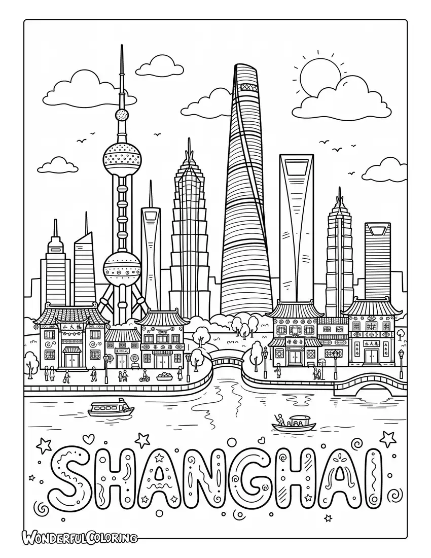 3D clay-style Shanghai landmarks with Oriental Pearl Tower and traditional buildings coloring page