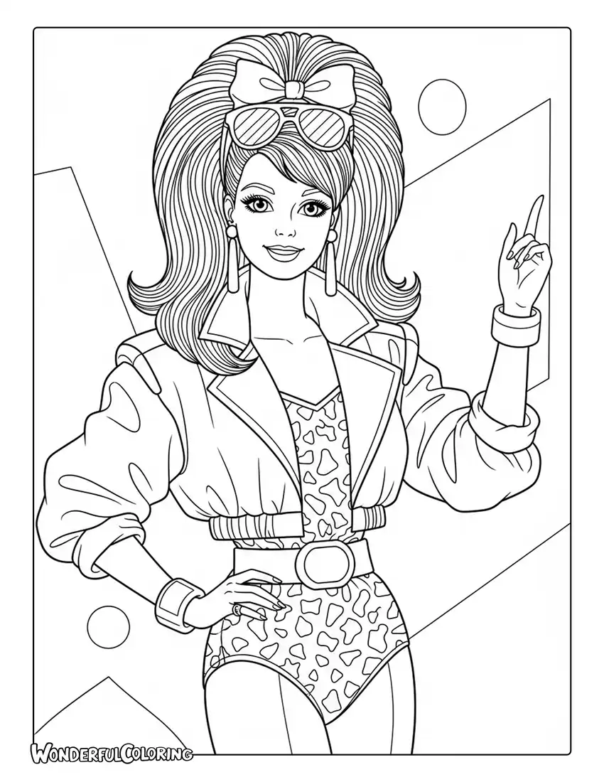80s Barbie retro outfit big hair coloring page