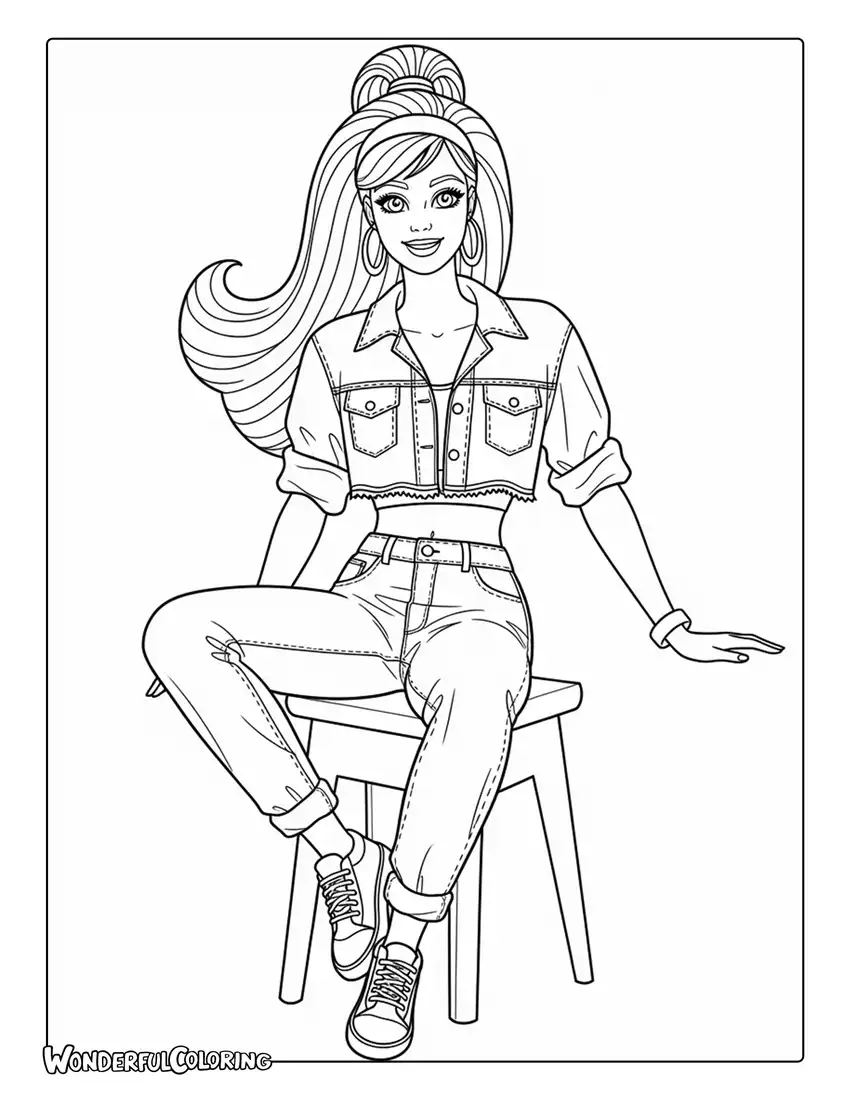 90s Barbie denim outfit casual style coloring page