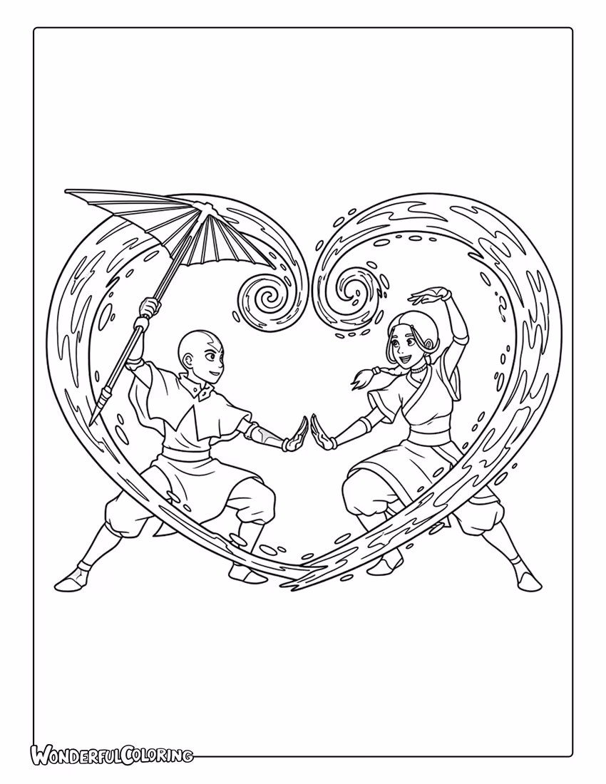 Aang and Katara creating a heart with water and air coloring page