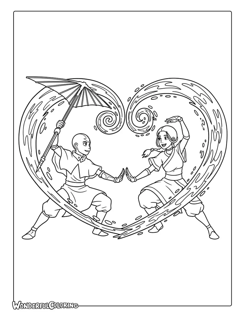 Aang and Katara creating a heart with water and air coloring page