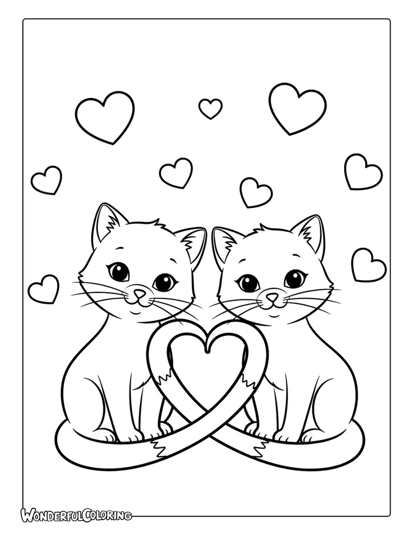 Adorable kittens sitting together with heart-shaped tails, cute Valentine love illustration coloring page