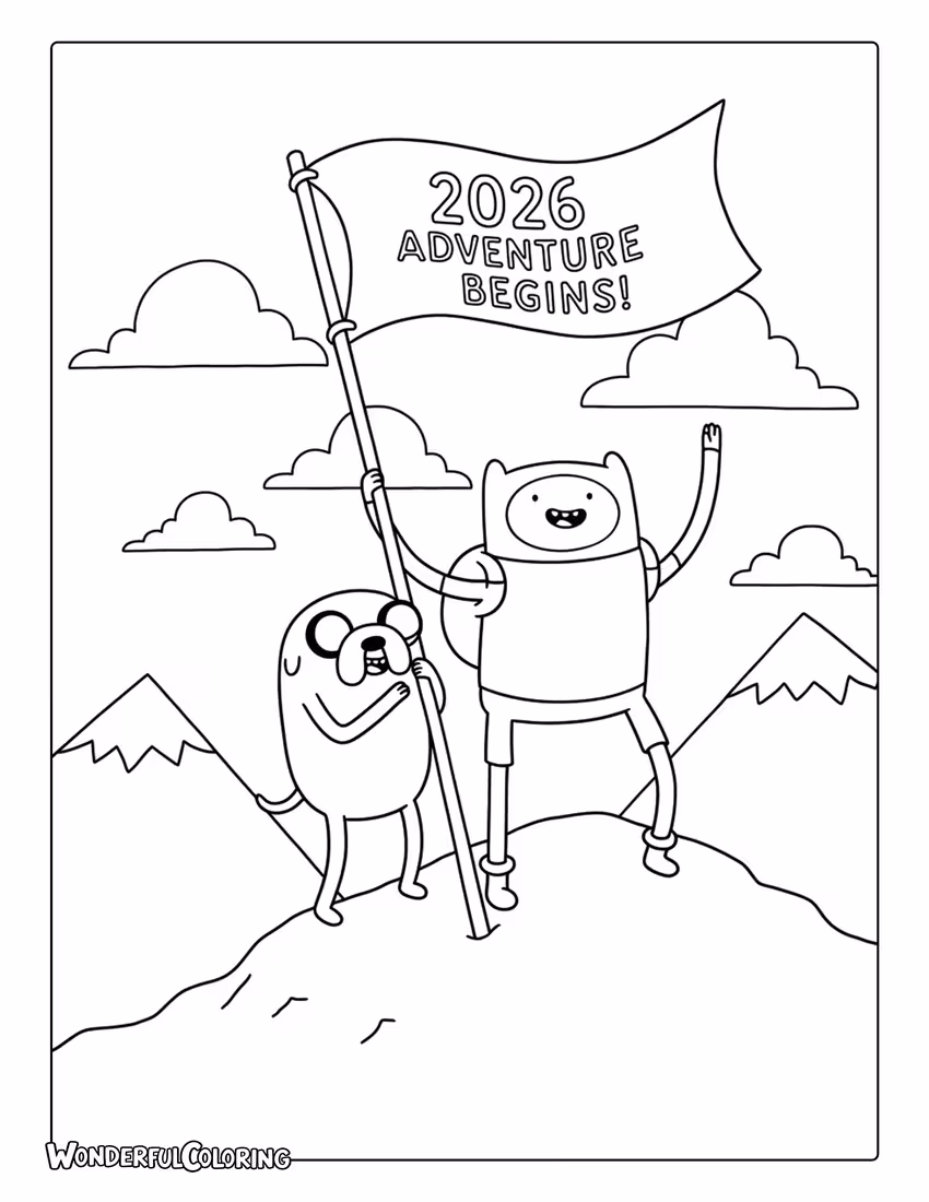Adventure Time 2026 Celebration coloring page with Finn and Jake on the mountain holding a flag.