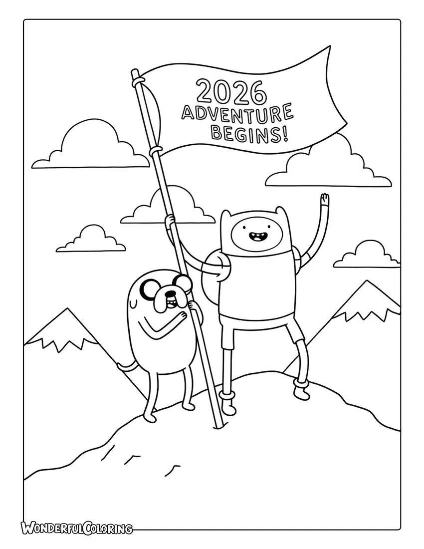 Adventure Time 2026 Celebration coloring page with Finn and Jake on the mountain holding a flag.
