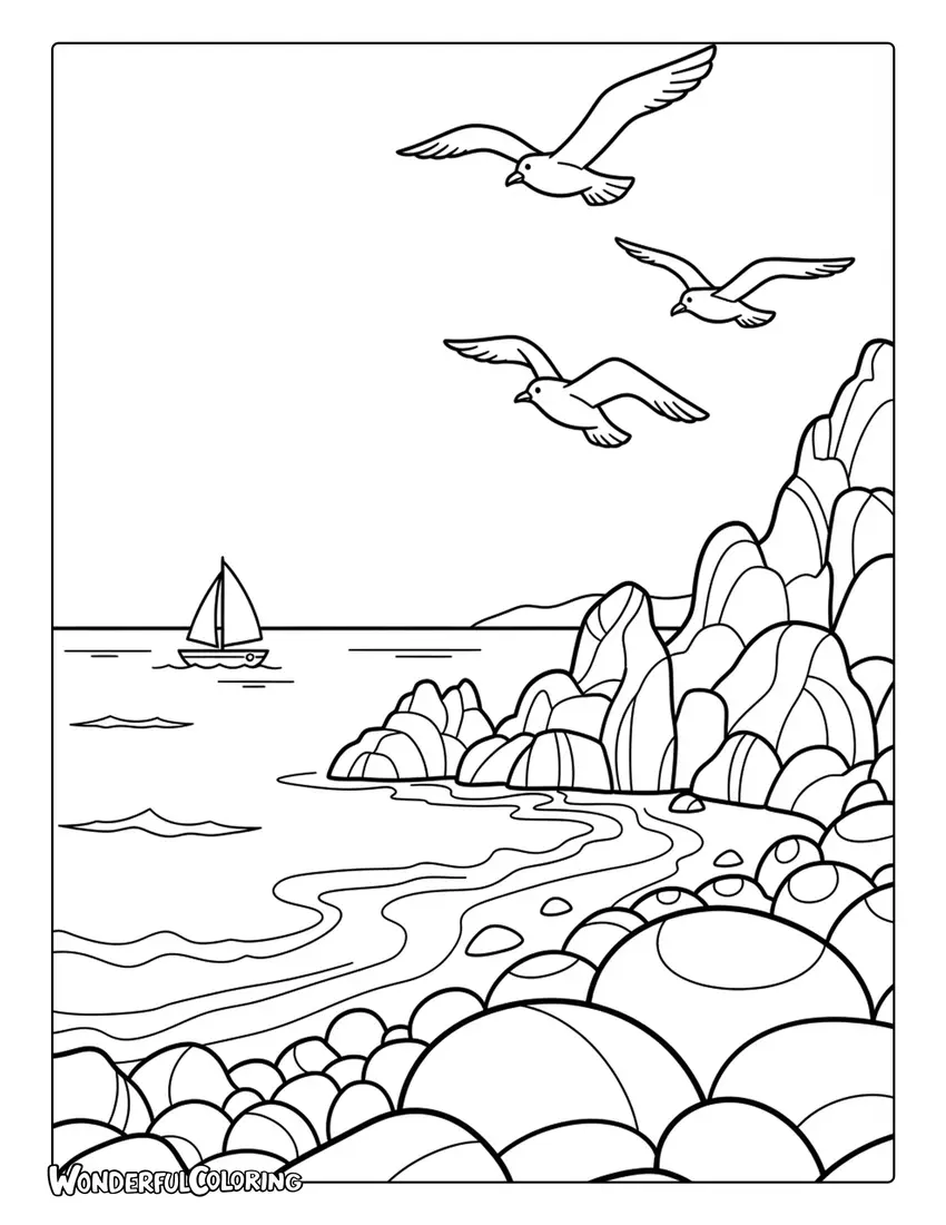Aegean Sea coastline near Athens coloring page with turquoise water and rocky shore