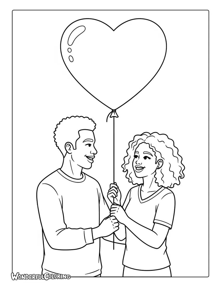 African American couple holding heart balloon coloring page