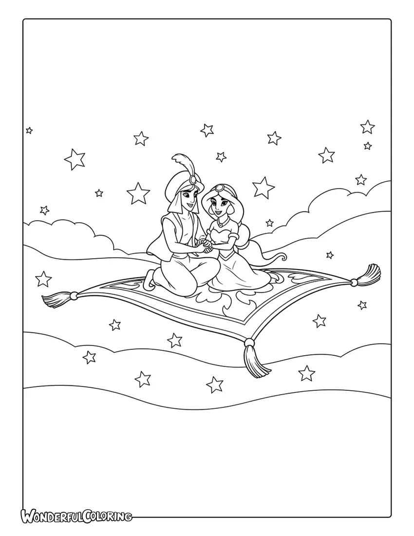 Aladdin and Jasmine on a magic carpet in the night sky coloring page