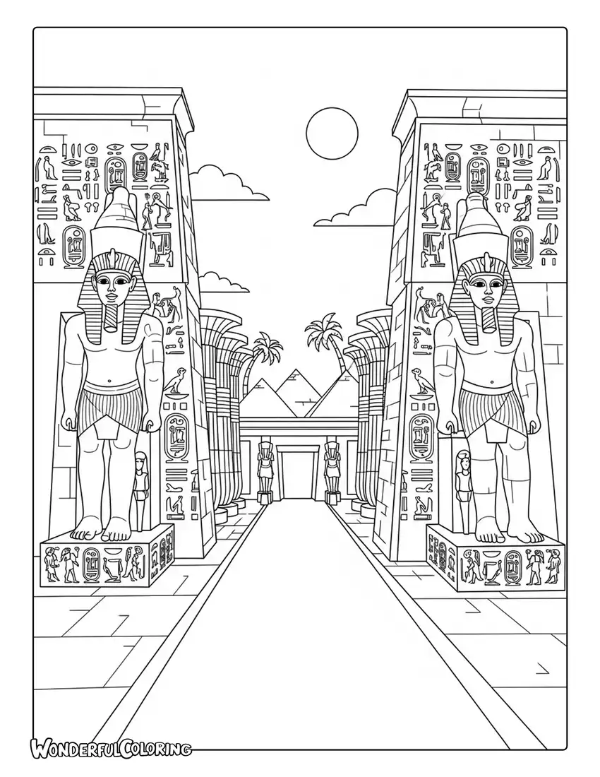 Ancient Egyptian temple coloring page with statues, columns, and hieroglyph-covered walls