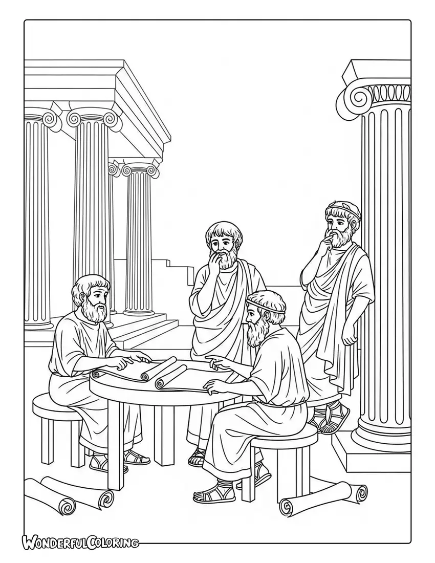Ancient Greek philosophers Athens history coloring page with scrolls and columns