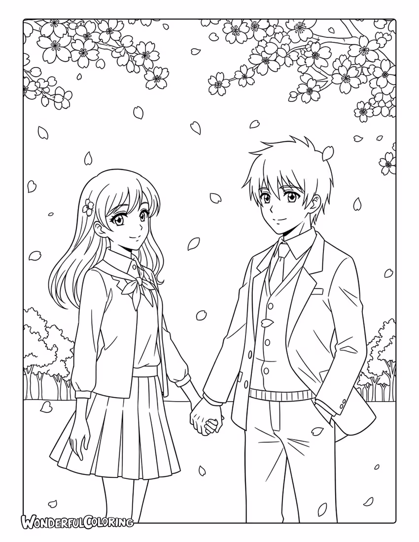 Anime couple under heart cherry blossoms coloring page