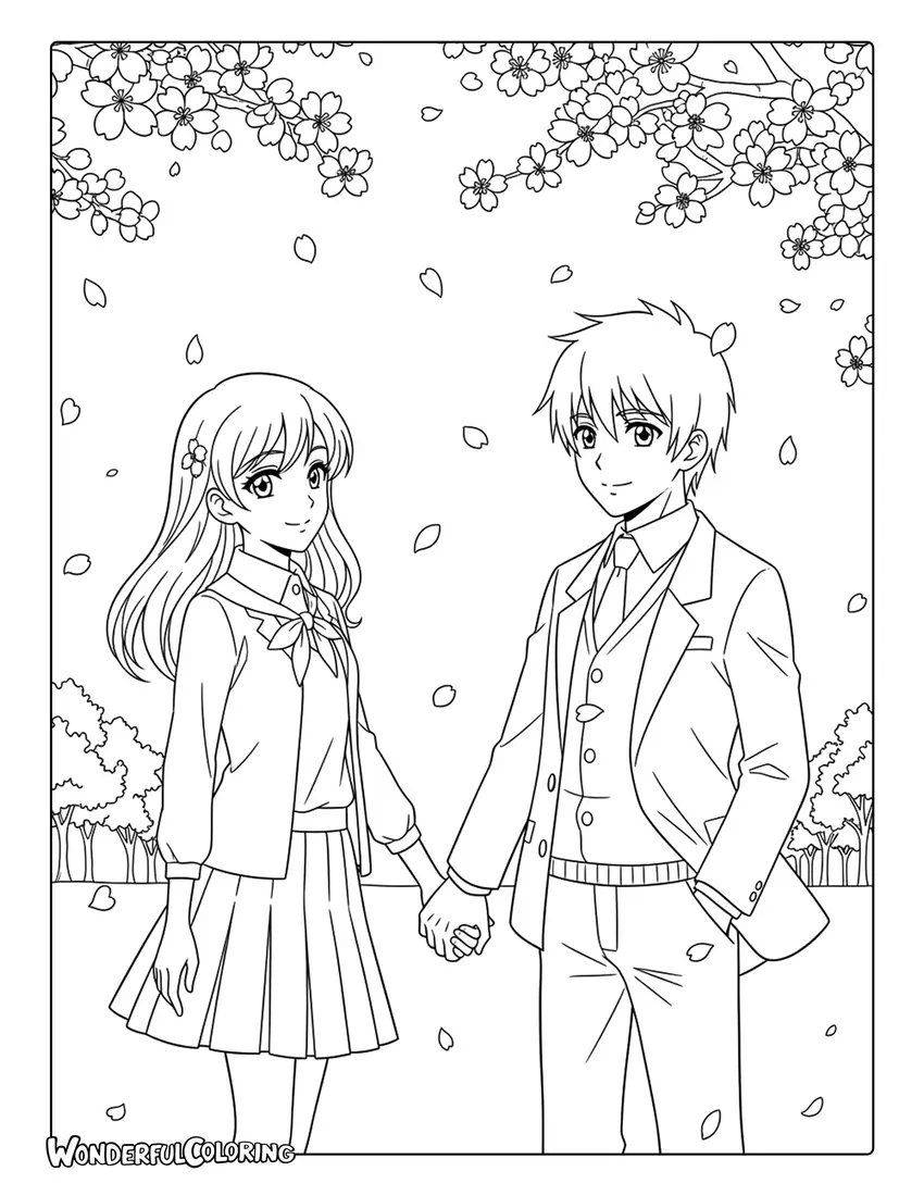 Anime couple under heart cherry blossoms coloring page