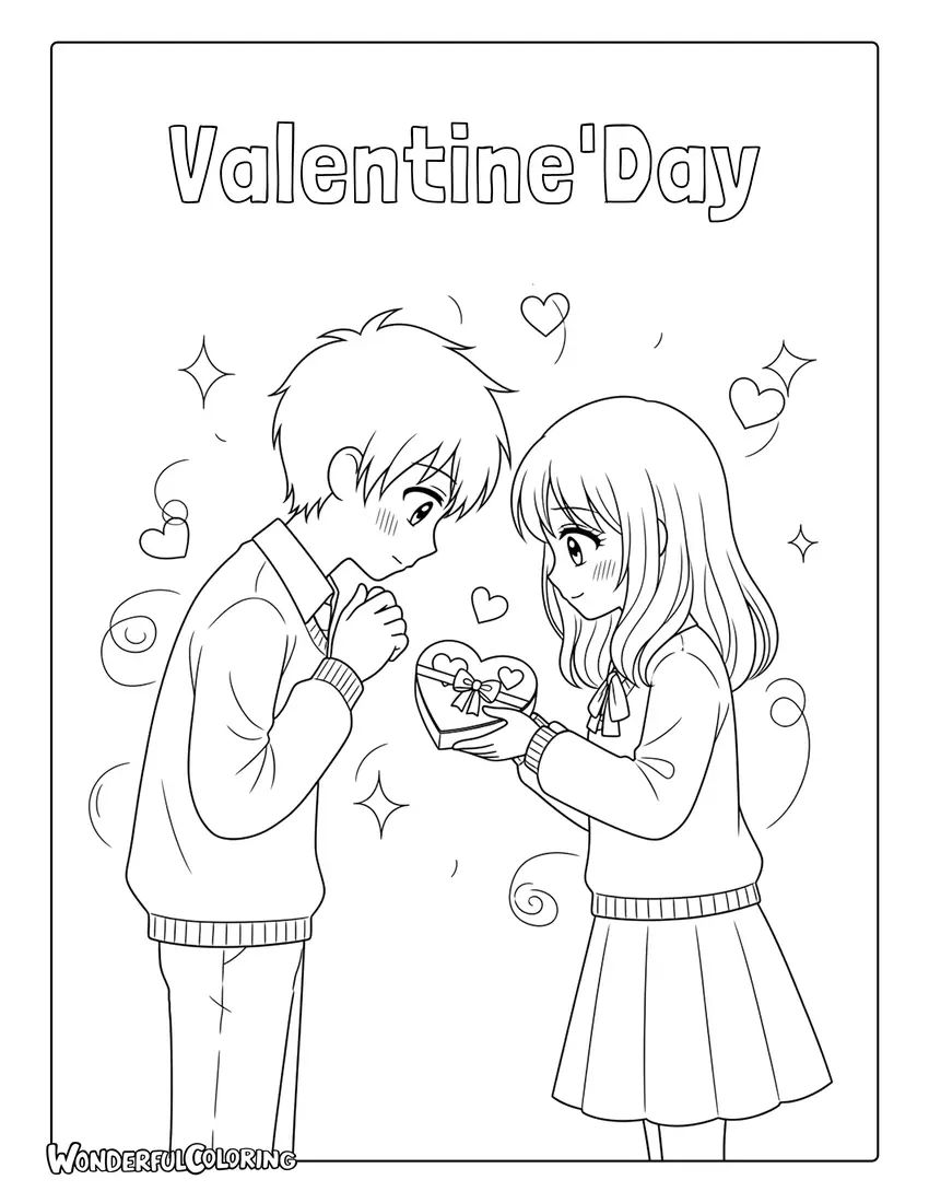 Anime couple exchanging Valentine chocolates coloring page