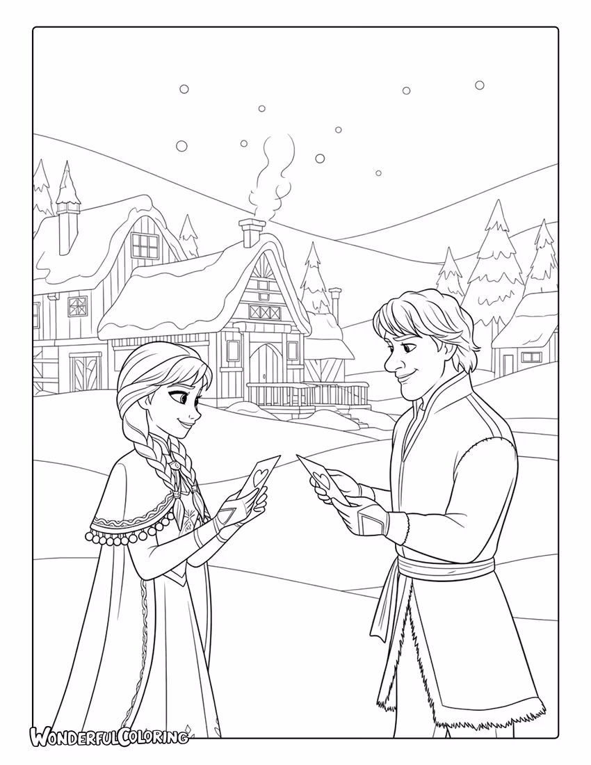 Anna and Kristoff exchanging Valentine cards in a snowy village coloring page