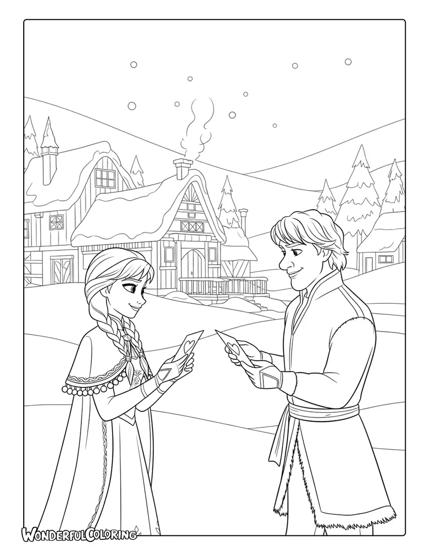 Anna and Kristoff exchanging Valentine cards in a snowy village coloring page