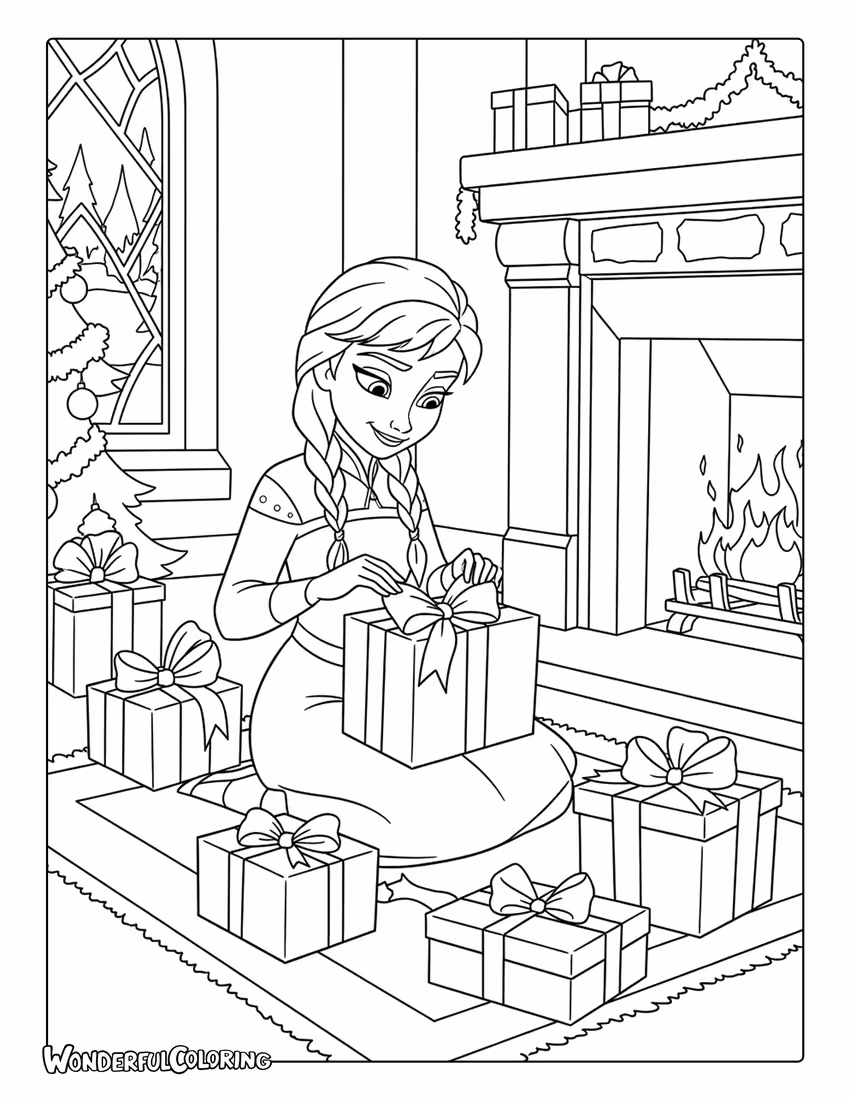 Anna Wrapping Christmas Gifts Coloring Page
