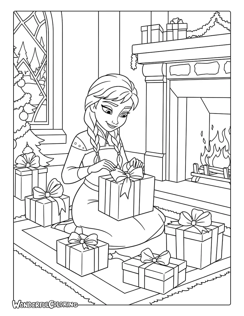 Anna Wrapping Christmas Gifts Coloring Page