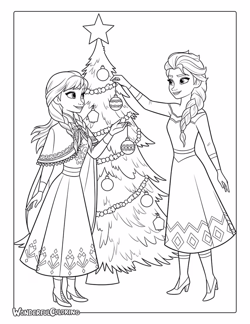 Anna and Elsa Decorating Christmas Tree to Color