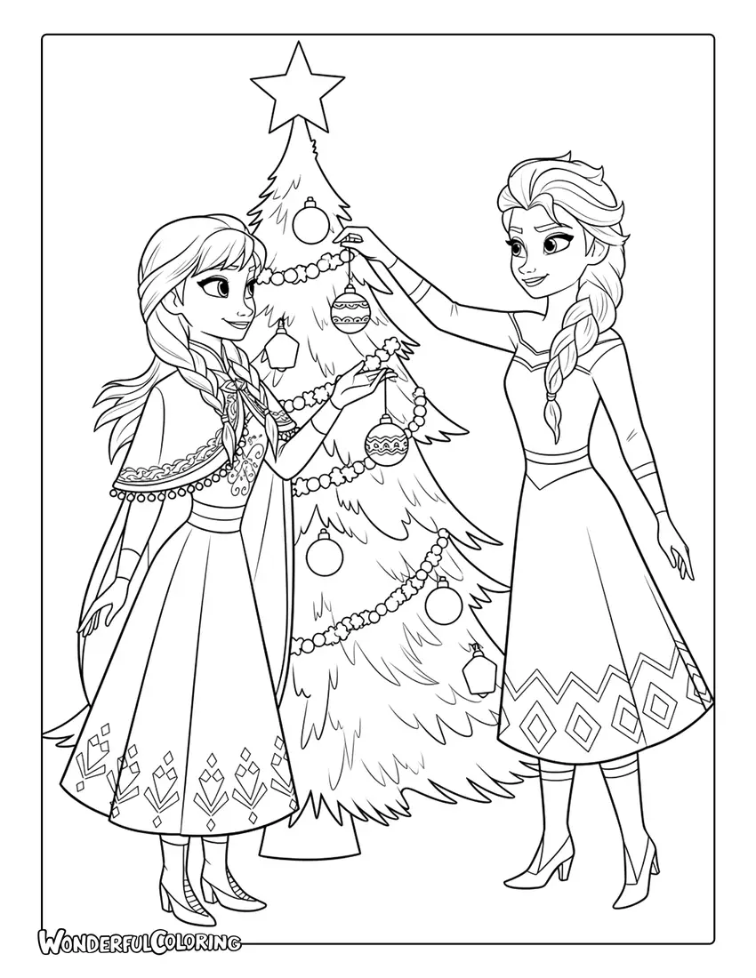 Anna and Elsa Decorating Christmas Tree to Color
