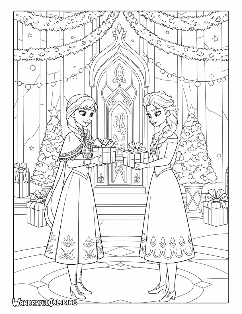 Anna and Elsa Gift Exchange Coloring Page