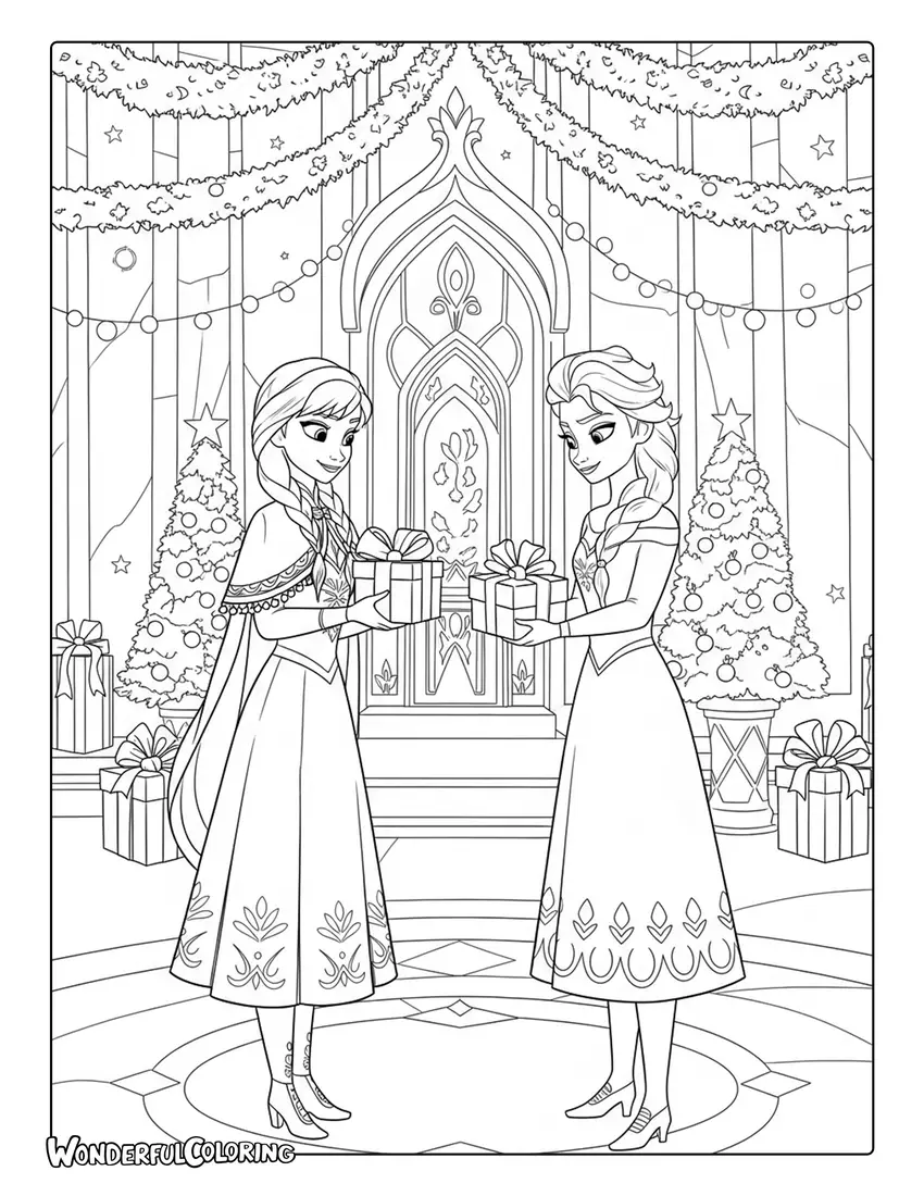Anna and Elsa Gift Exchange Coloring Page