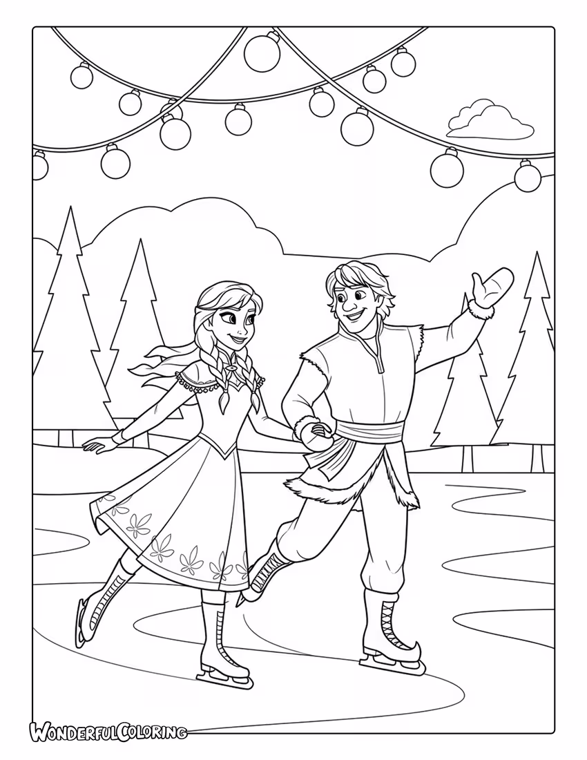 Anna and Kristoff Ice Skating Coloring Page