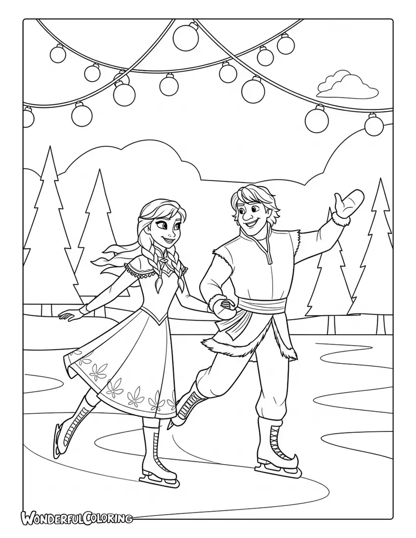 Anna and Kristoff Ice Skating Coloring Page