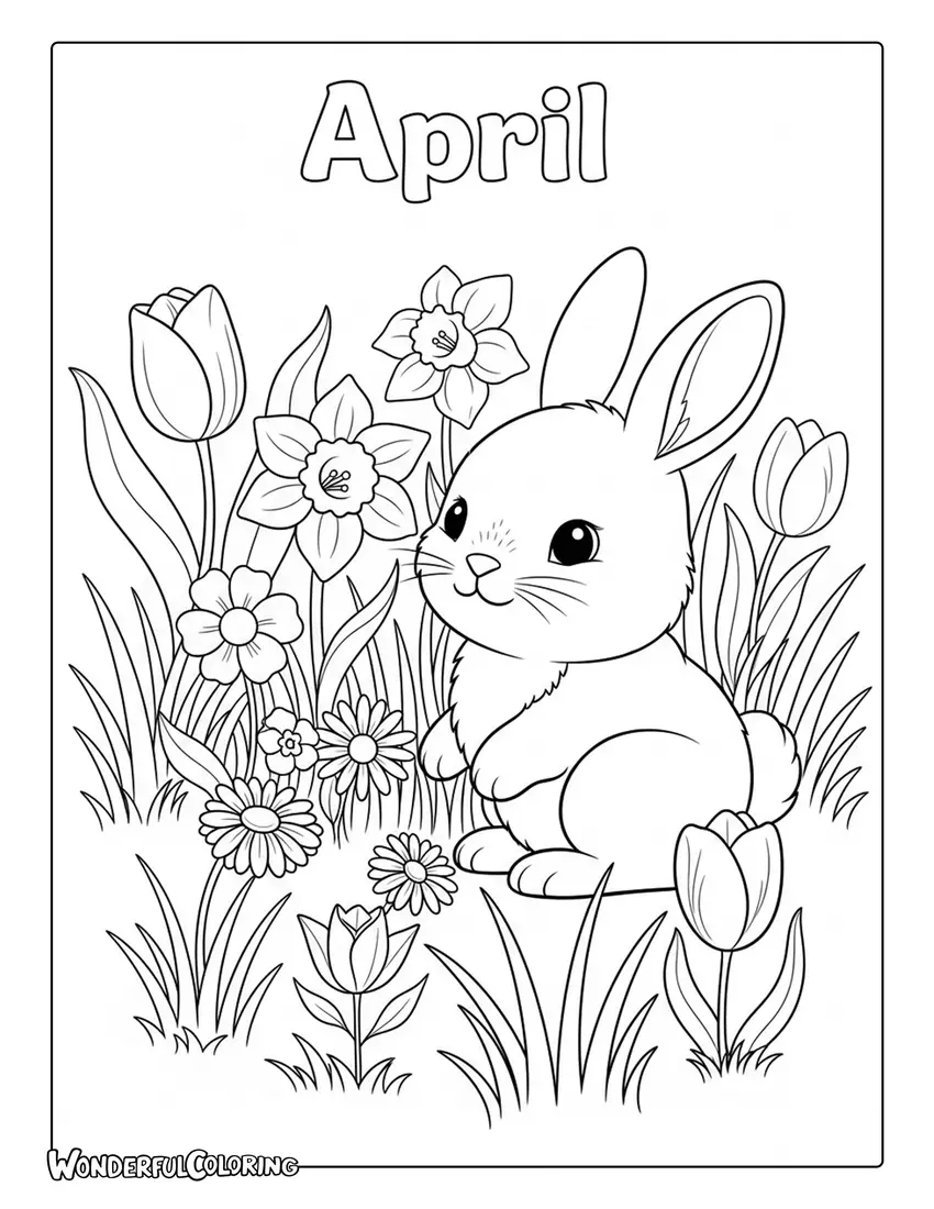 April bunny in spring flower field coloring page