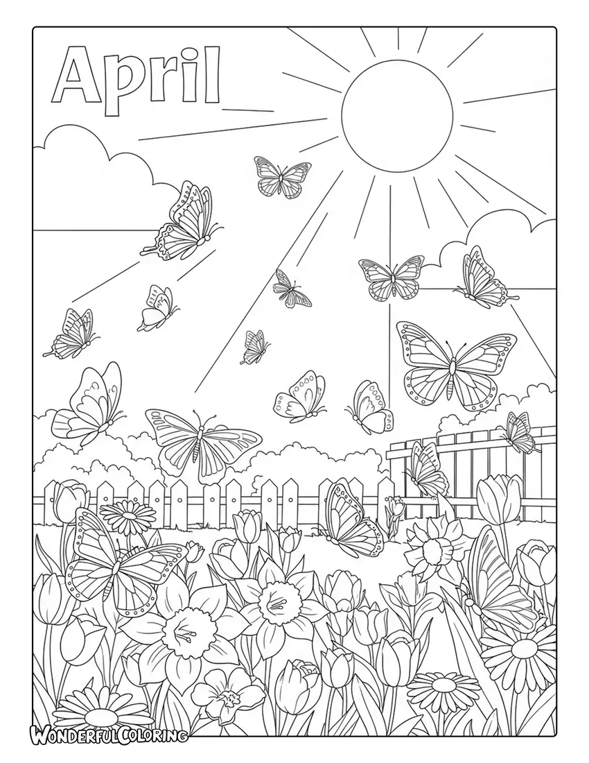 April butterflies in garden flowers coloring page