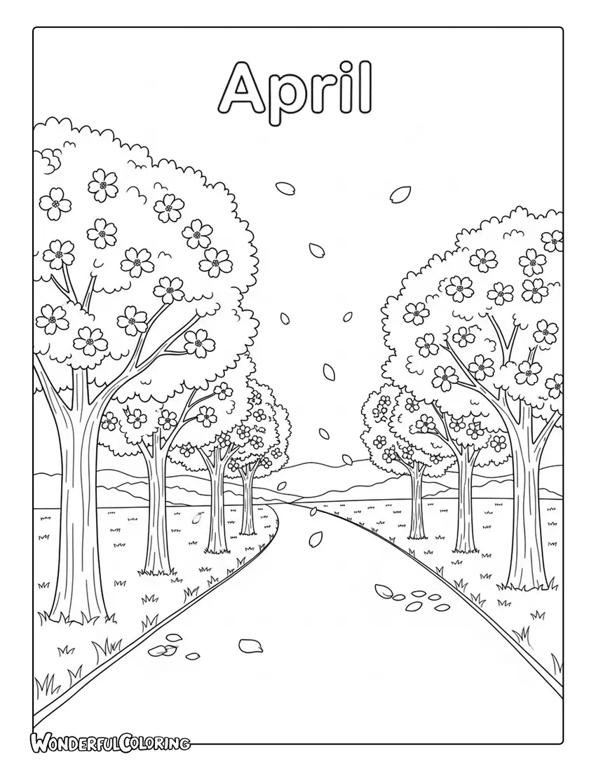 April cherry blossom path with petals coloring page