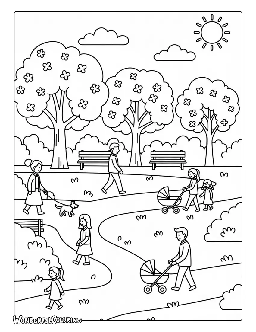 April city park with blooming trees coloring page