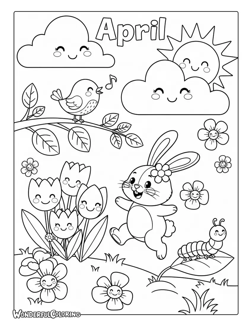 April cute cartoon spring animals coloring page
