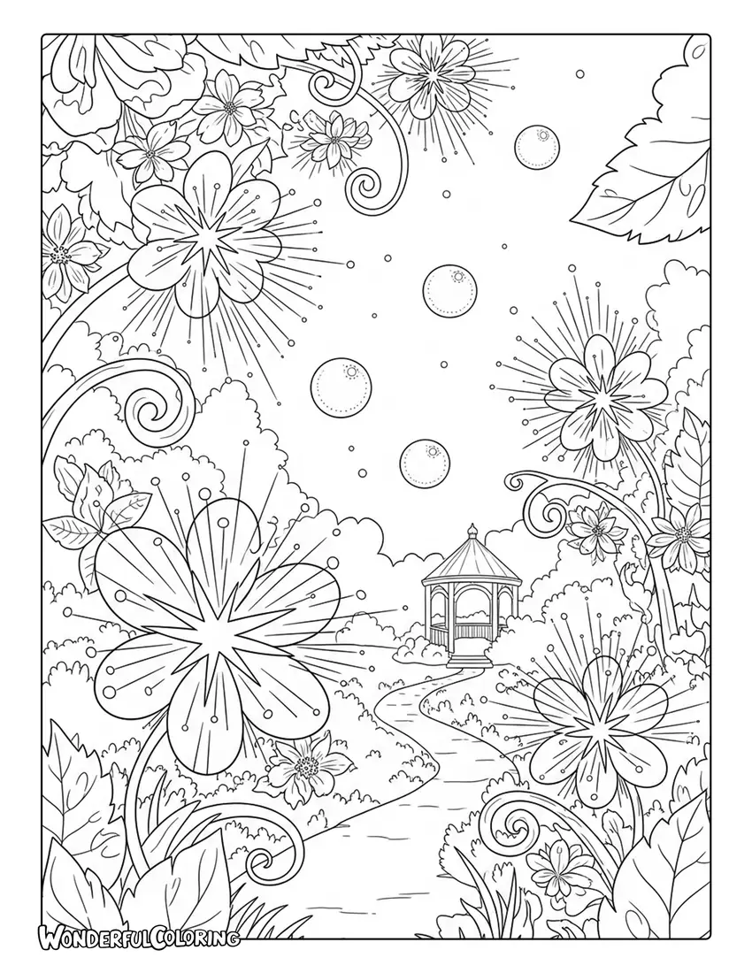 April fantasy magical spring garden coloring page