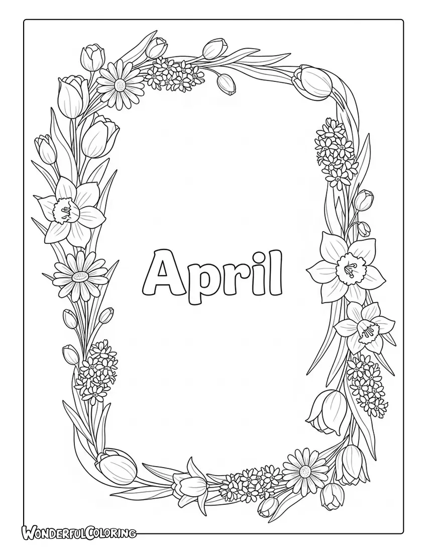 April floral frame design coloring page