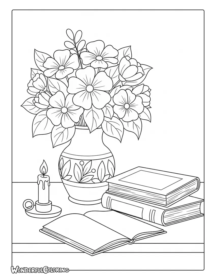 April floral still life tabletop coloring page