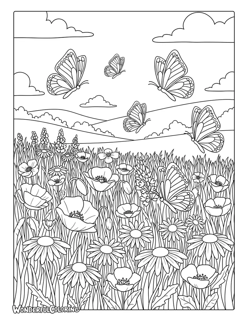 April meadow wildflowers and butterflies coloring page