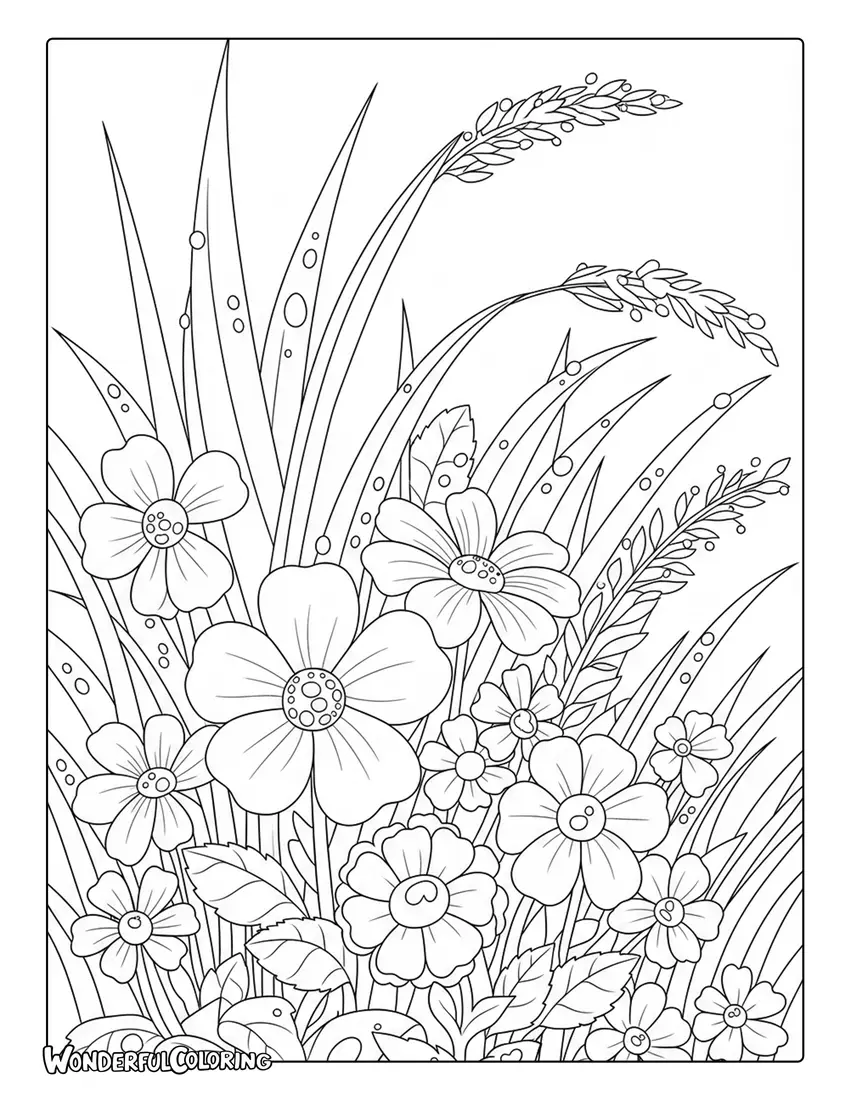 April morning dew on flowers and grass coloring page