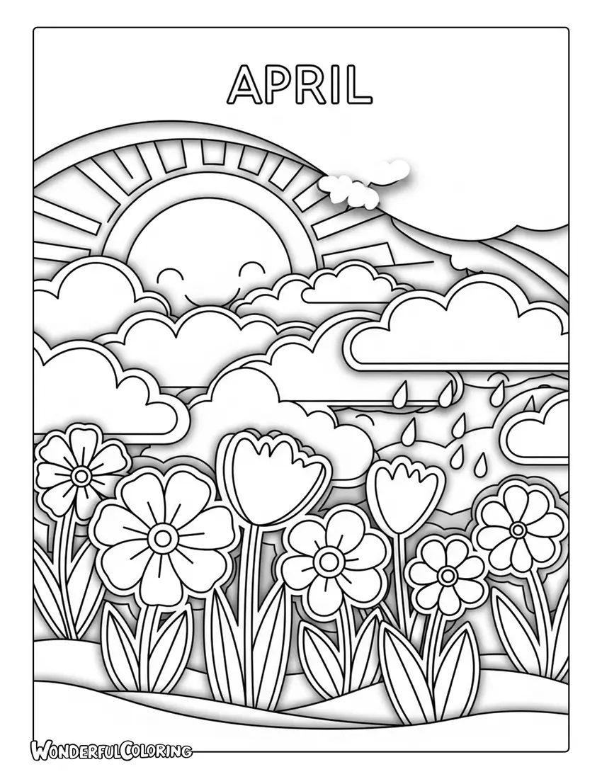 April paper cut layered spring scene coloring page