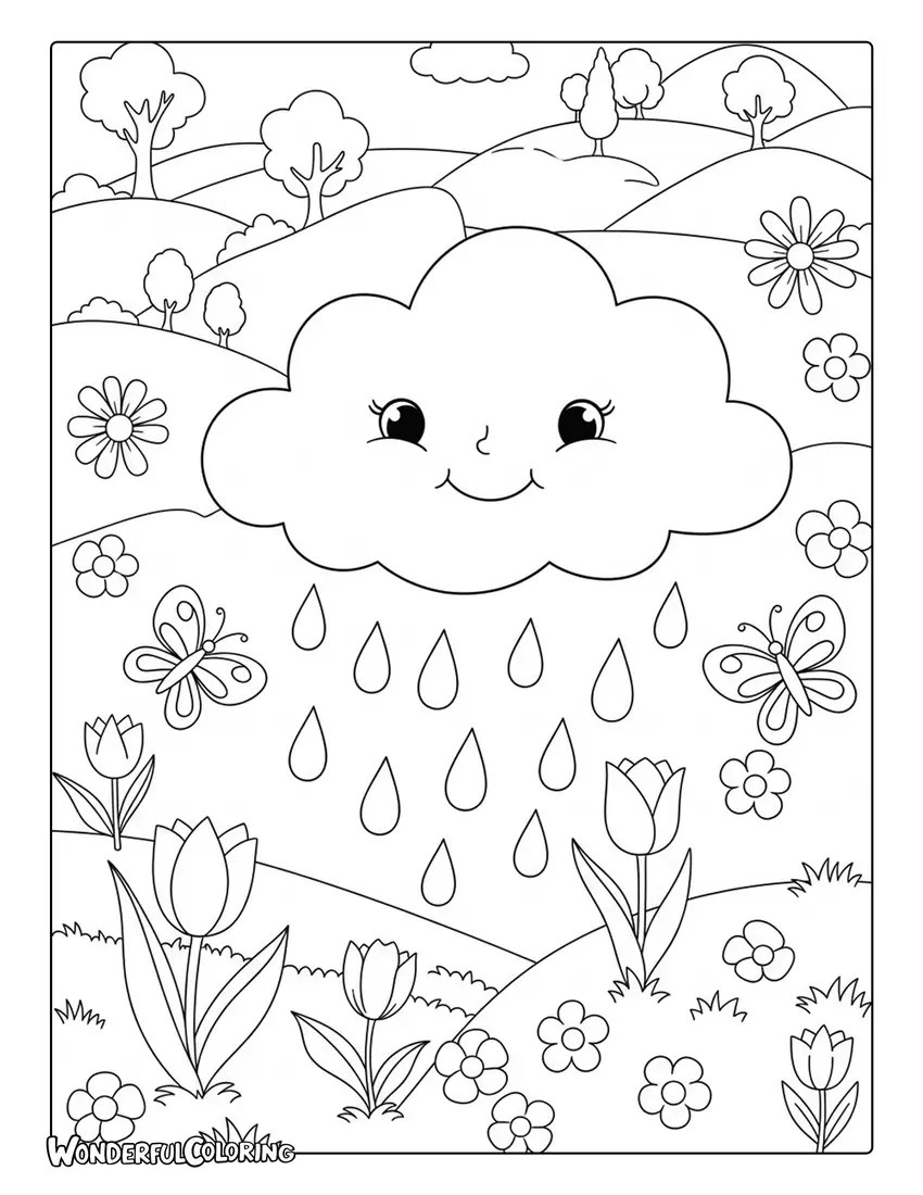 April pastel aesthetic spring scene coloring page
