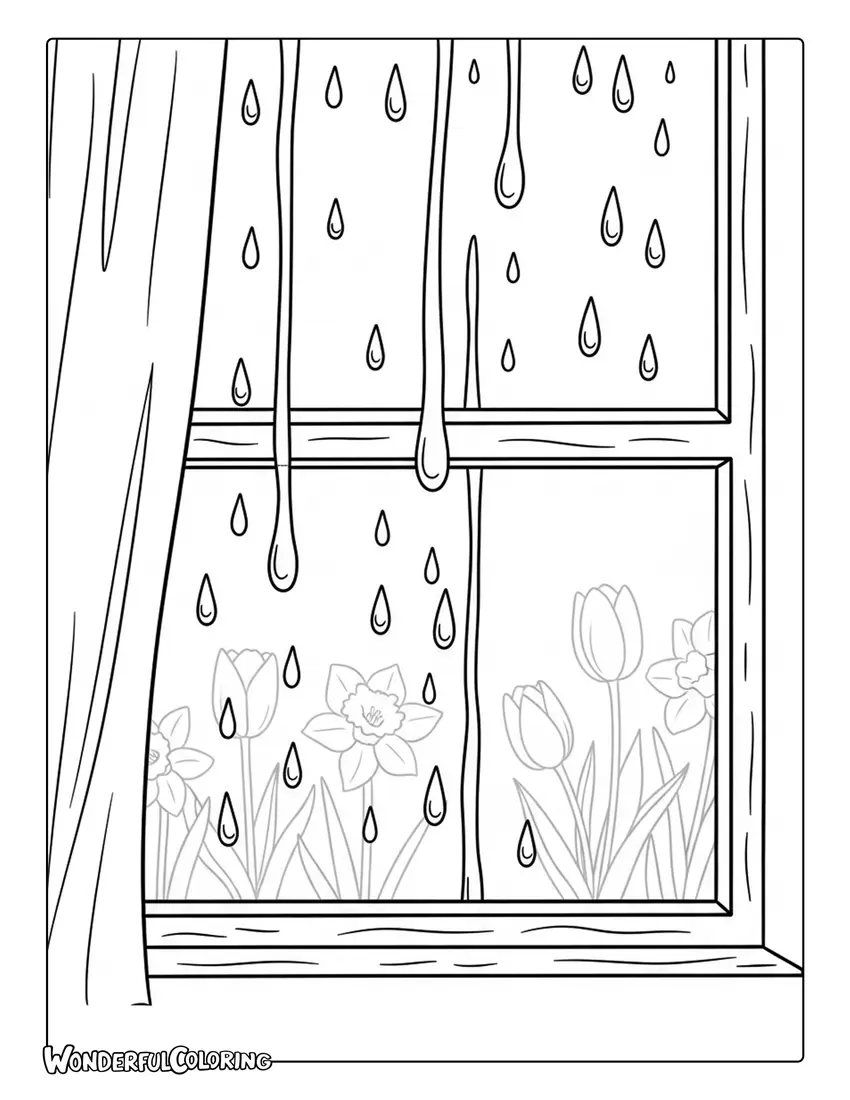 April rain window view flowers coloring page