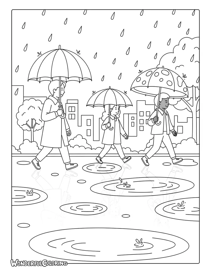 April rainy day umbrellas and puddles coloring page