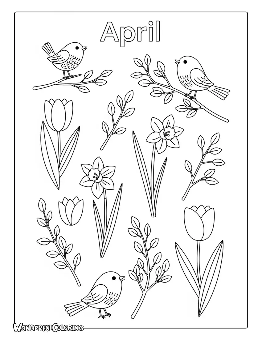 April scandinavian minimal spring style coloring page
