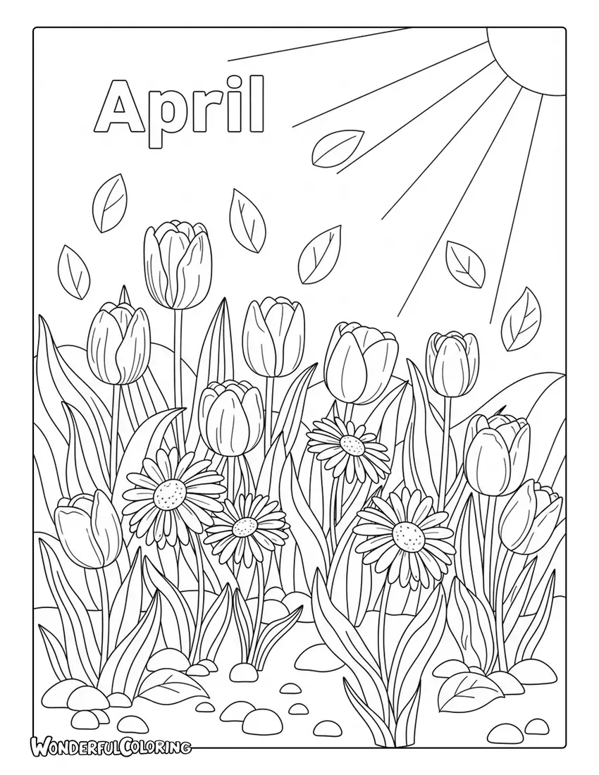 April spring garden with blooming flowers coloring page