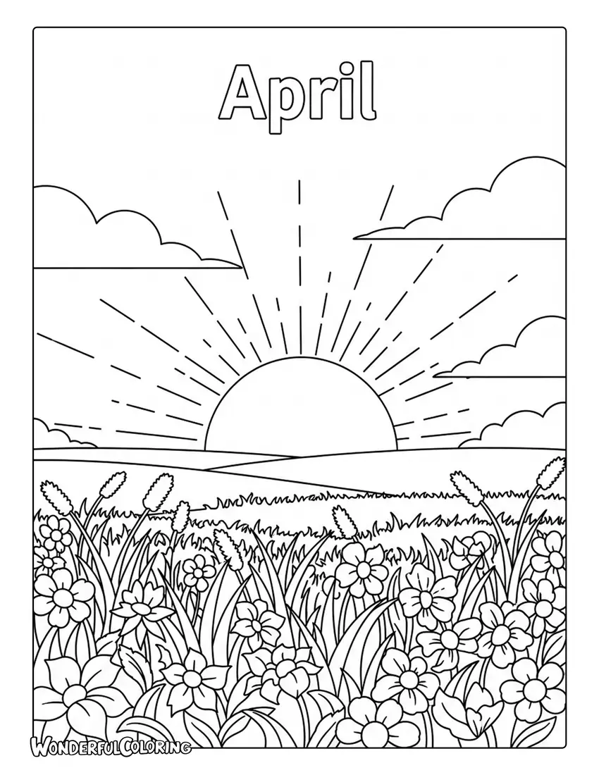 April sunset blooming field coloring page
