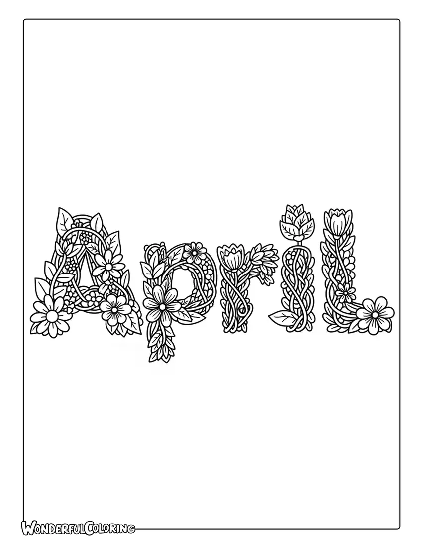 April typography floral lettering coloring page