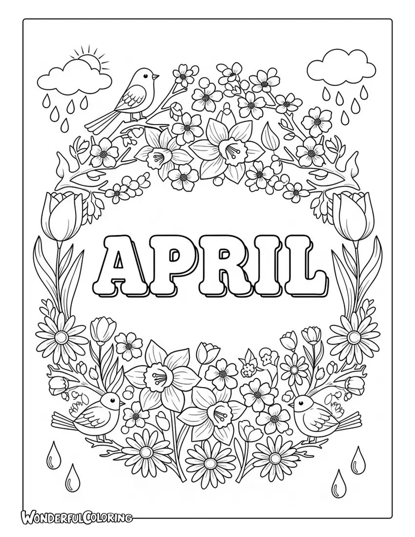 April vintage spring poster coloring page