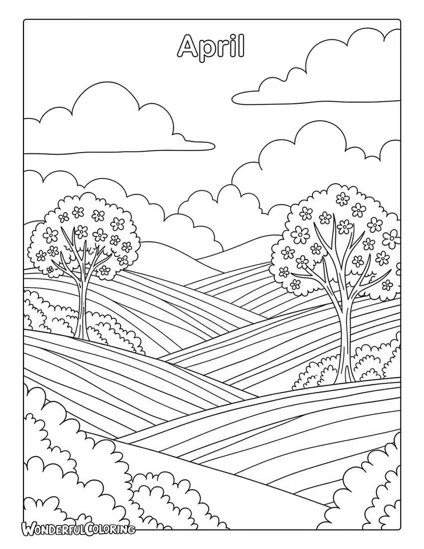 April watercolor spring landscape coloring page