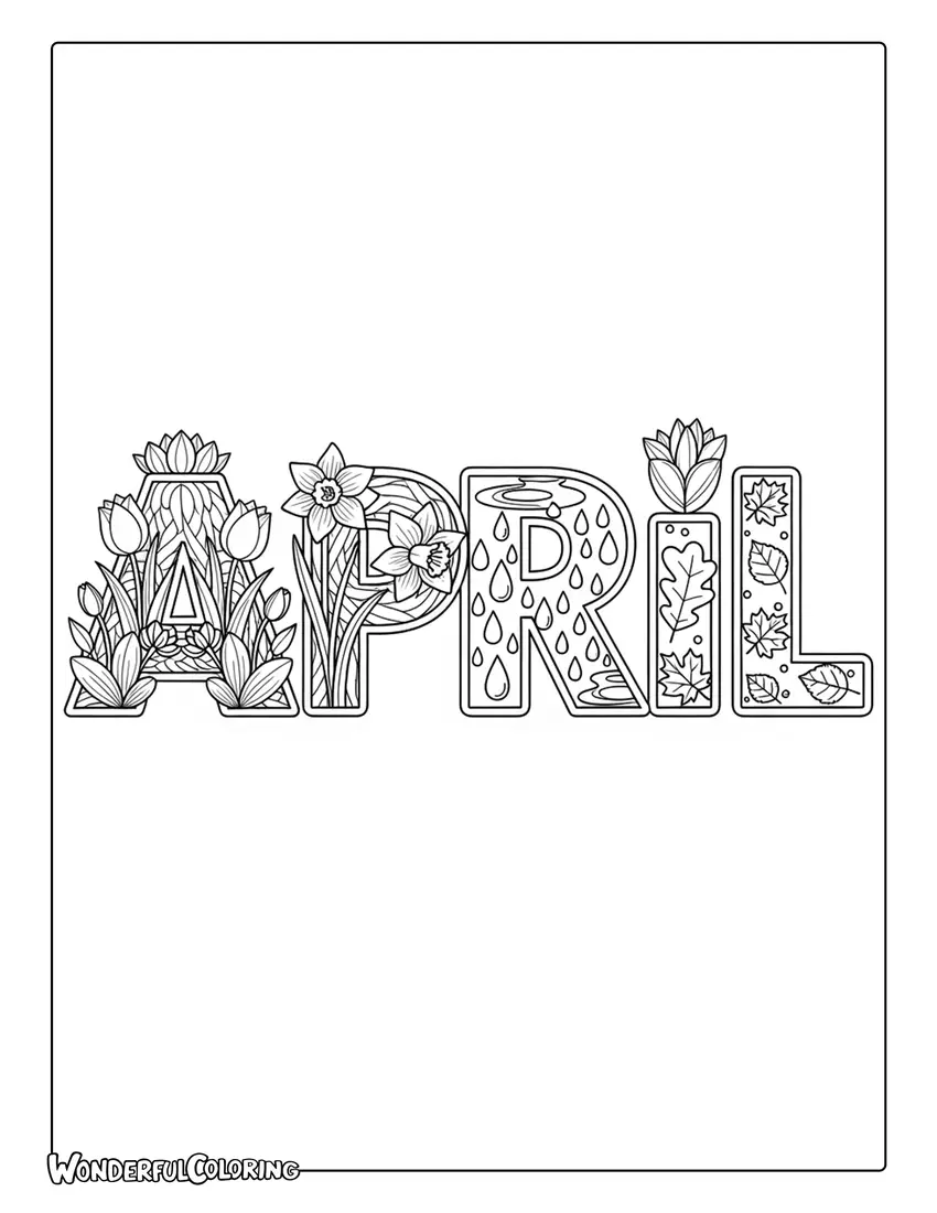 April zentangle word art design coloring page